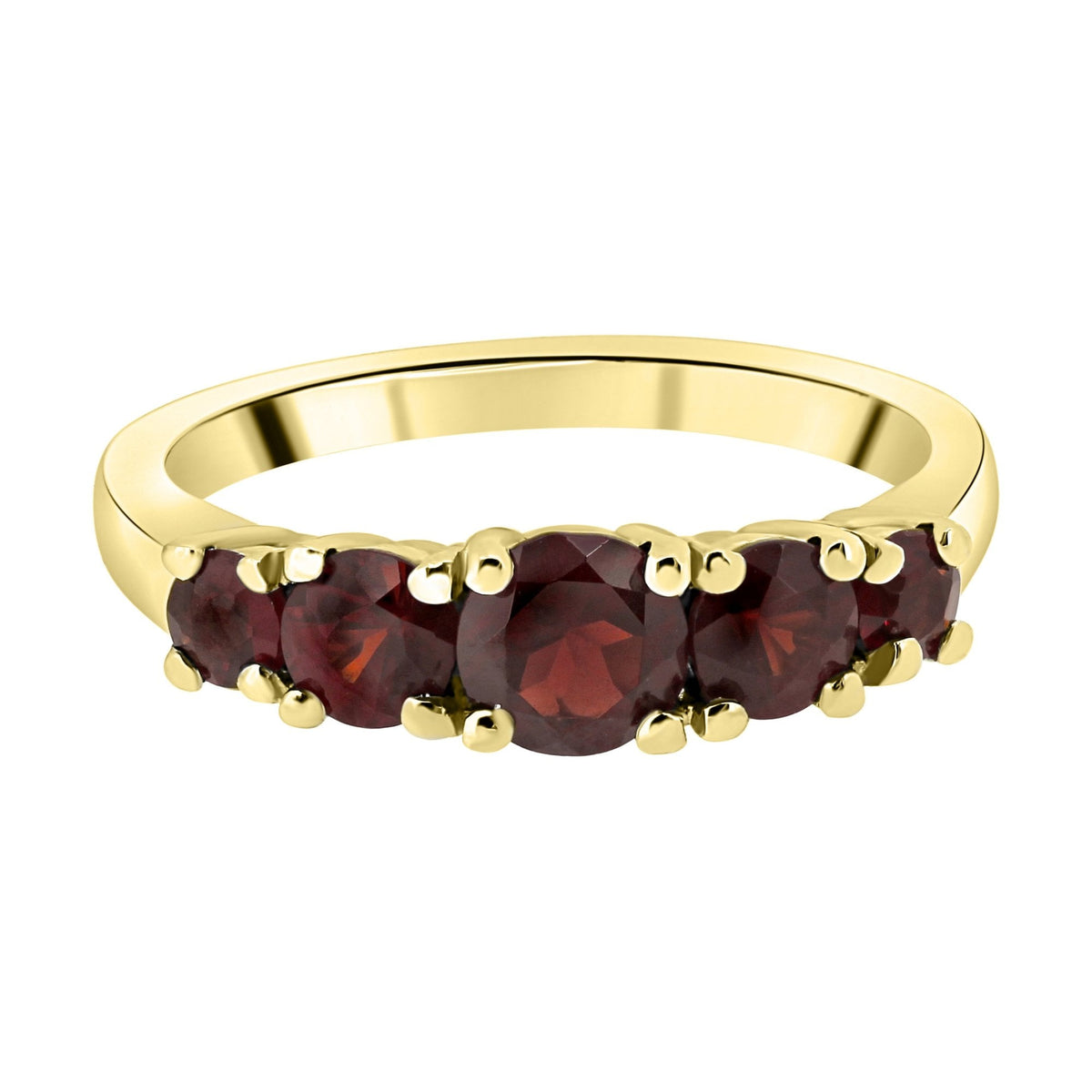 9ct yellow gold 5mm, 4mm & 3mm round garnet 5 stone ring