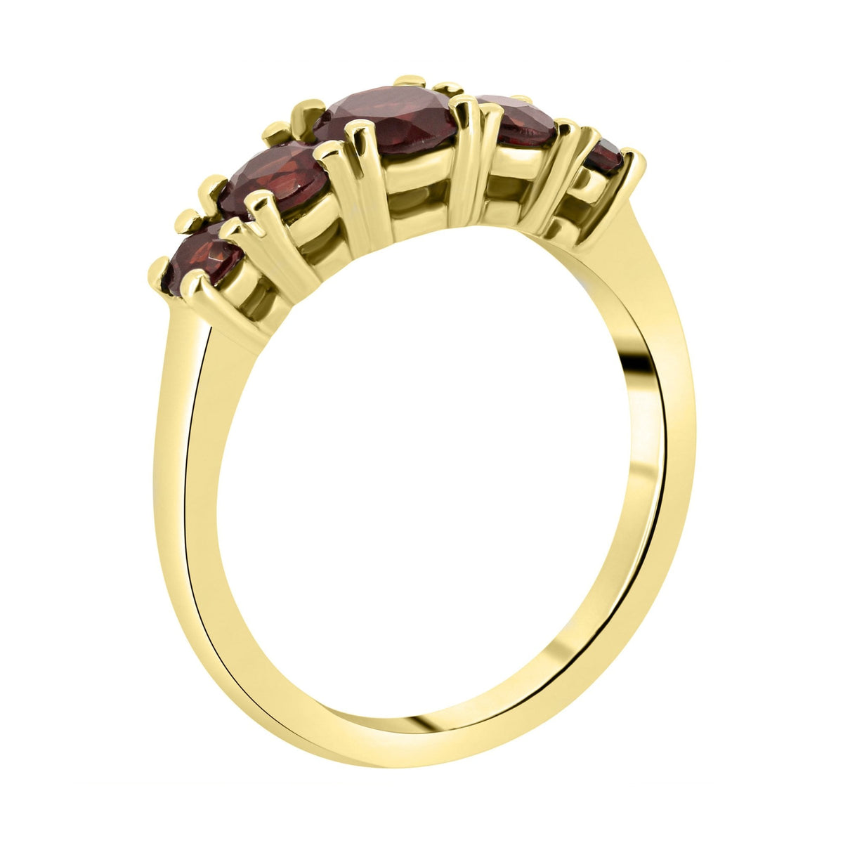 9ct yellow gold 5mm, 4mm & 3mm round garnet 5 stone ring