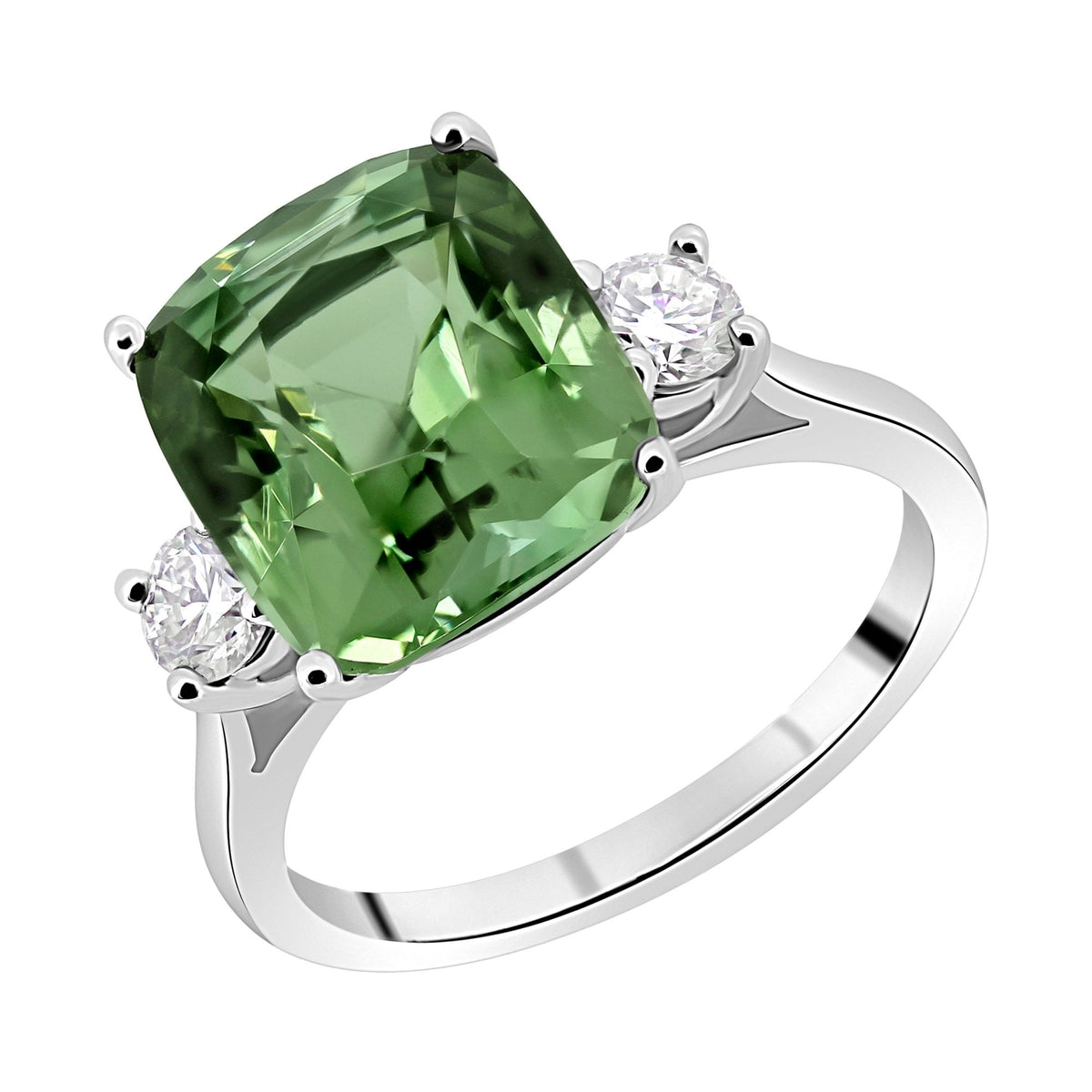 Platinum 6.12ct mint tourmaline & 0.40ct diamond 3 stone ring