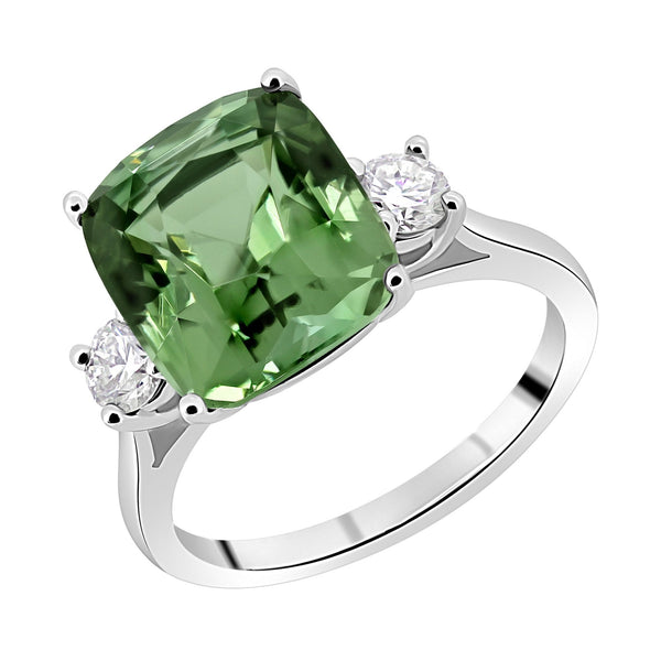 Platinum 6.12ct mint tourmaline & 0.40ct diamond 3 stone ring