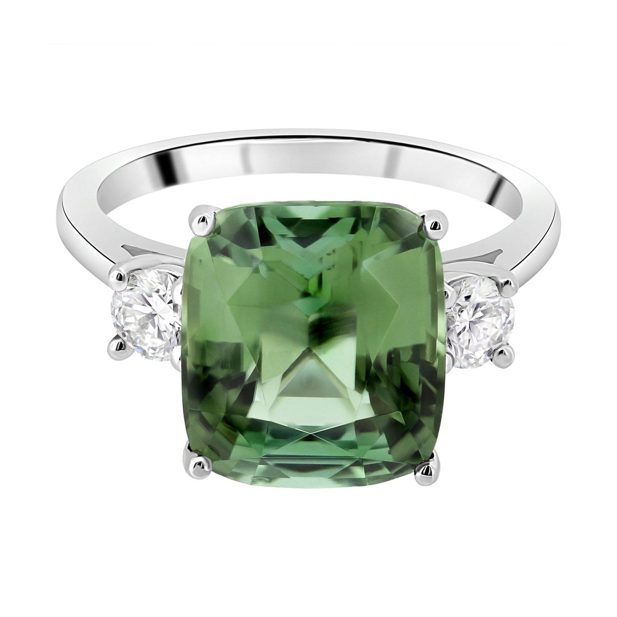Platinum 6.12ct mint tourmaline & 0.40ct diamond 3 stone ring