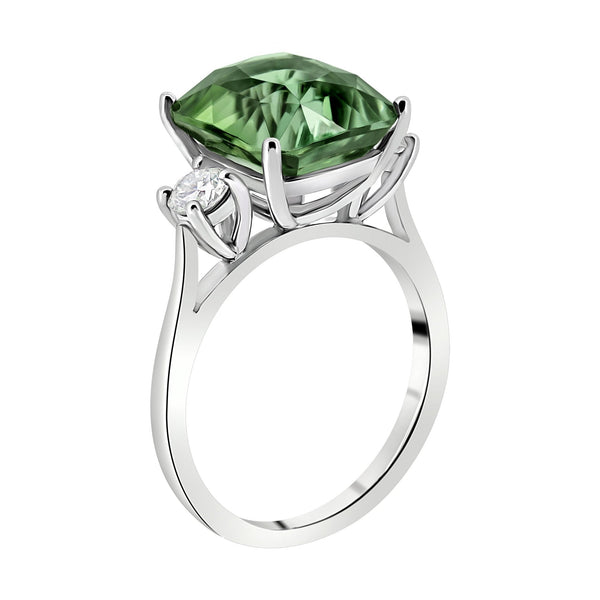 Platinum 6.12ct mint tourmaline & 0.40ct diamond 3 stone ring