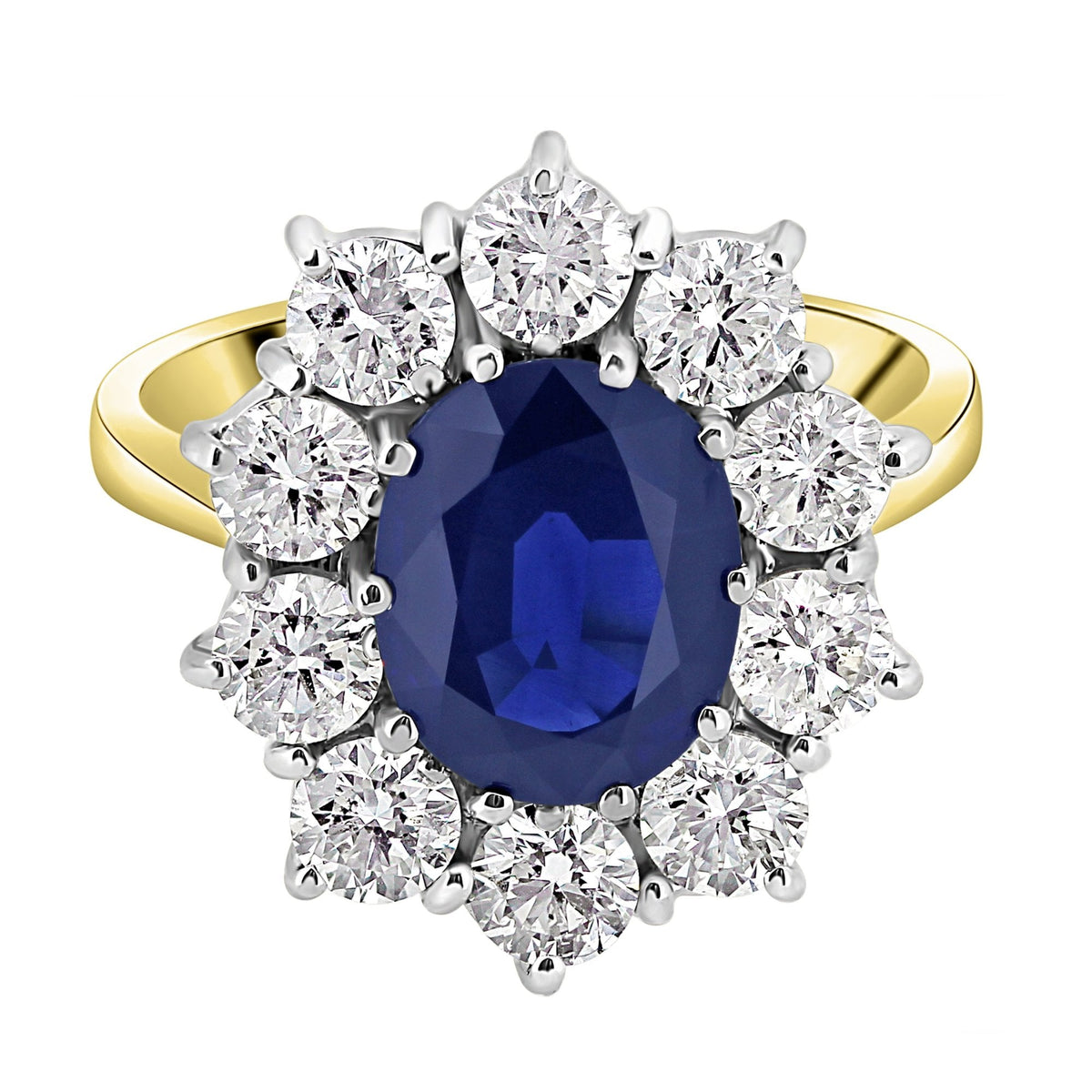 18ct yellow gold 3.57ct sapphire & 2.12ct diamond cluster ring