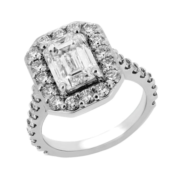 Platinum 3.01ct E SI1 GIA emerald cut diamond halo ring
