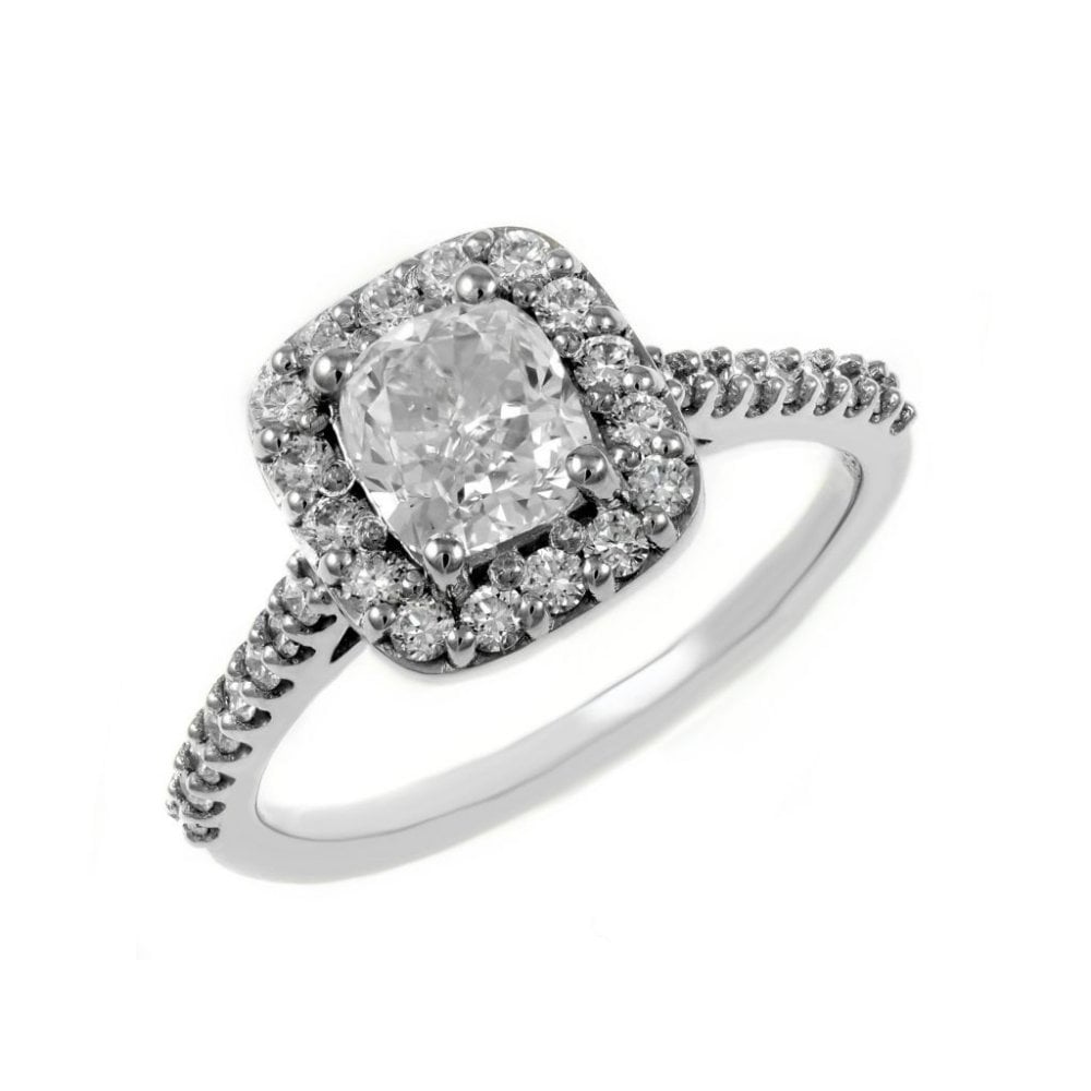 Platinum 0.90ct D VVS2 GIA cushion cut diamond halo ring
