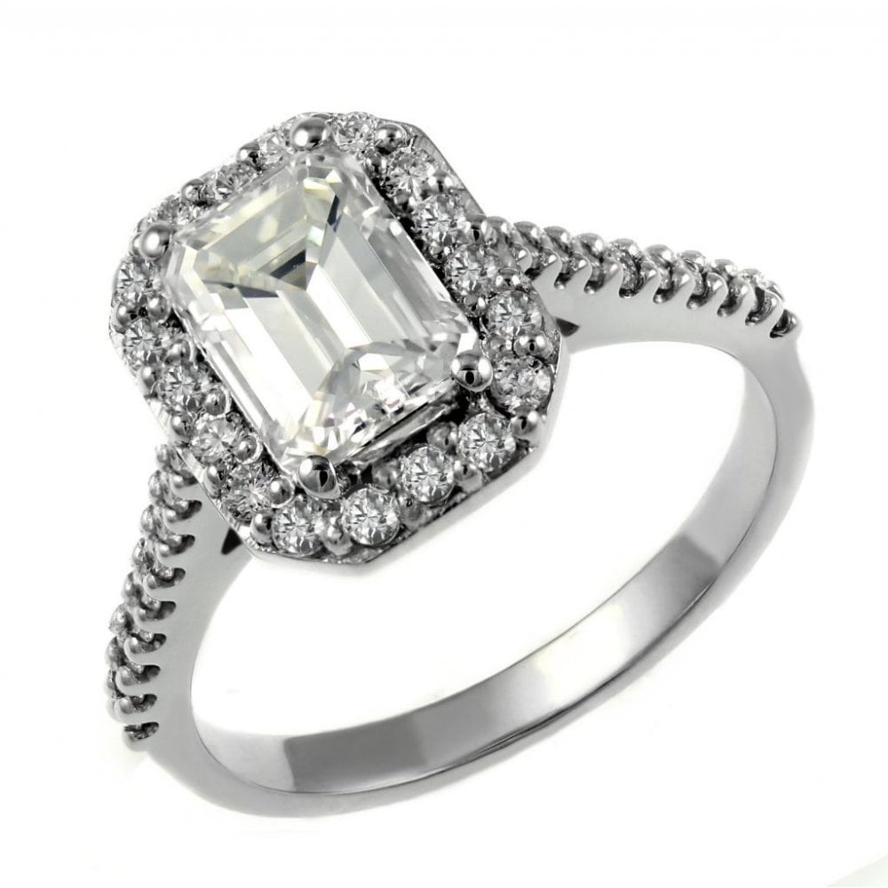 Platinum 1.50ct F SI1 GIA emerald cut diamond halo ring