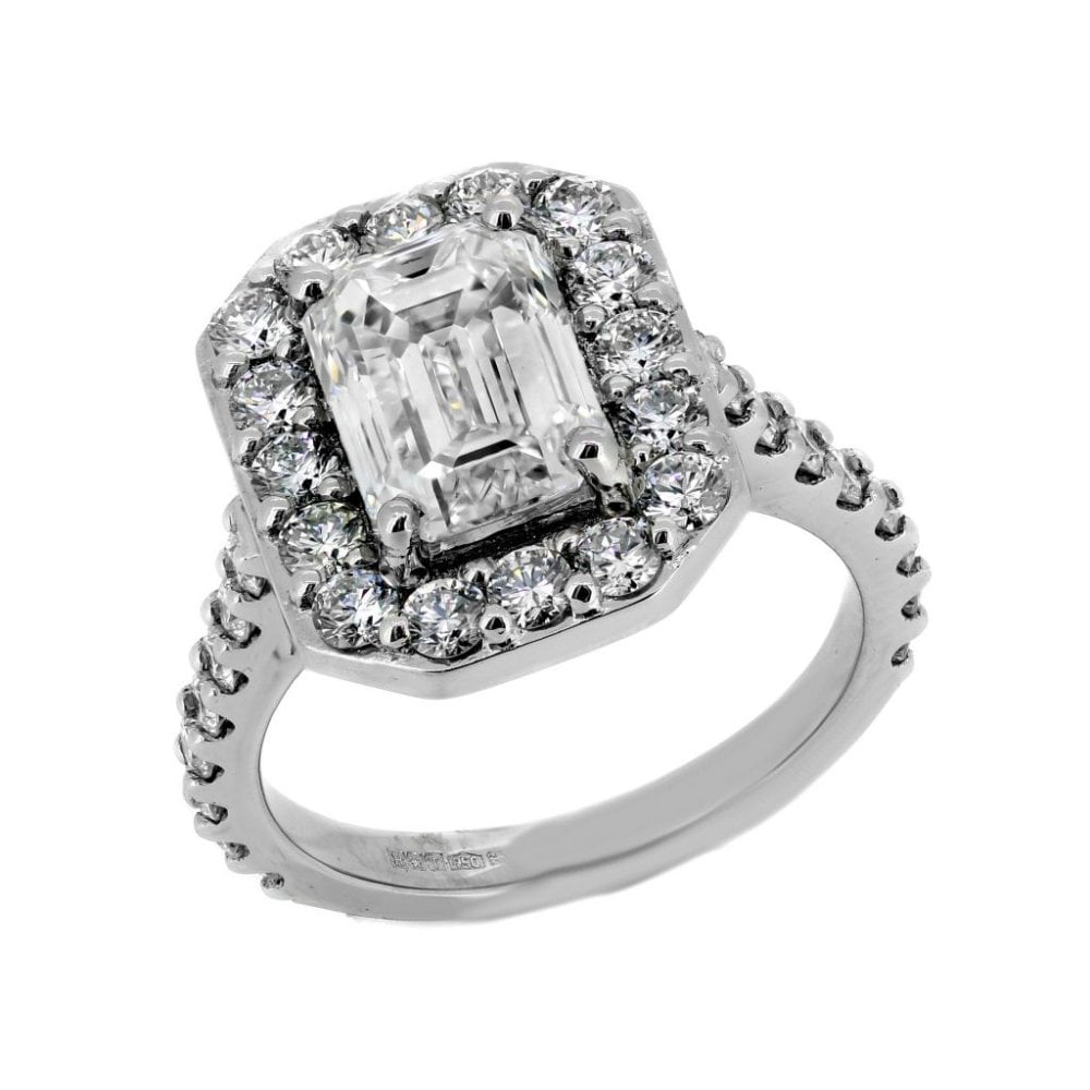 Platinum 2.01ct E SI1 GIA emerald cut diamond halo ring