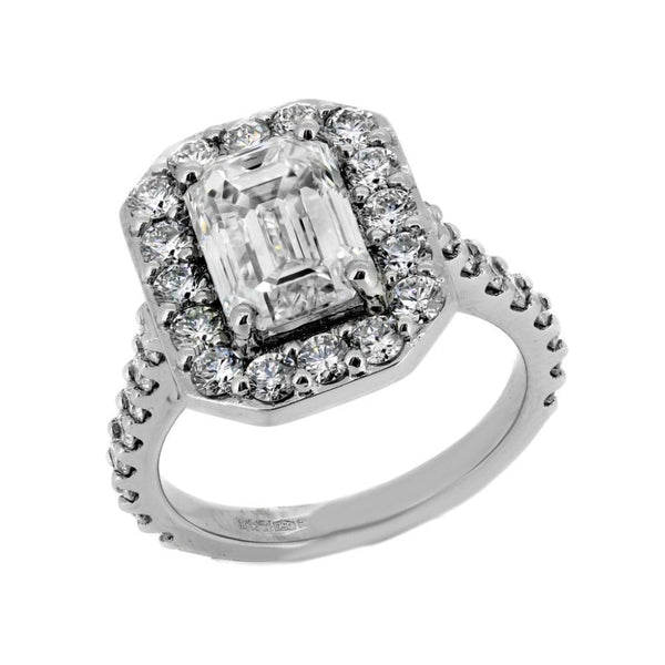Platinum 2.01ct E SI1 GIA emerald cut diamond halo ring