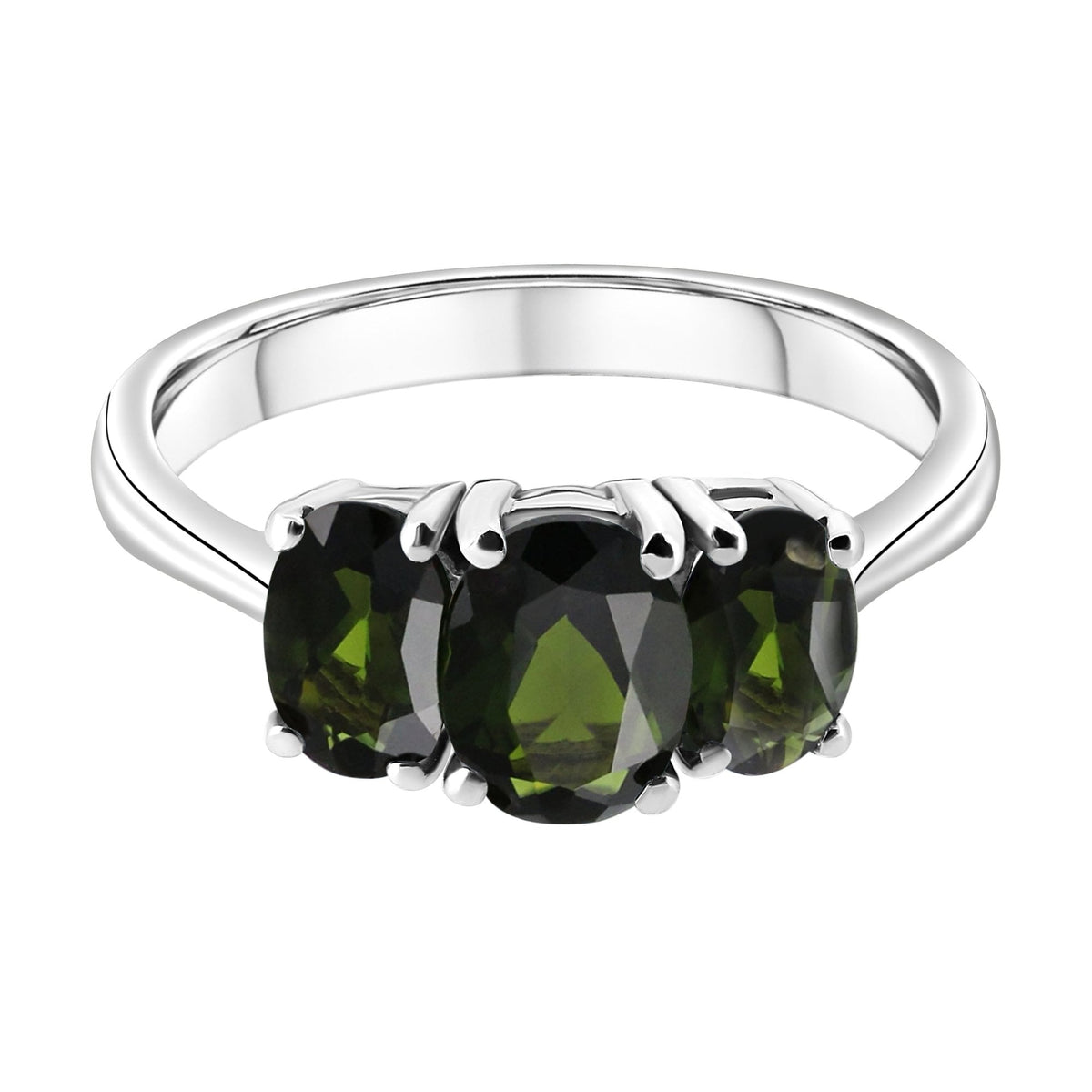 Platinum 7x5mm & 6x4mm green tourmaline 3 stone ring