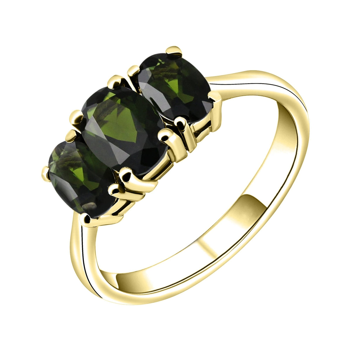 9ct yellow gold 7x5mm & 6x4mm oval green tourmaline 3 stone ring