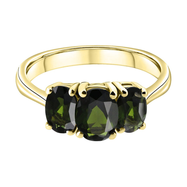 9ct yellow gold 7x5mm & 6x4mm oval green tourmaline 3 stone ring