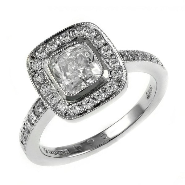 Platinum 1.01ct D VS1 EGL cushion diamond halo ring