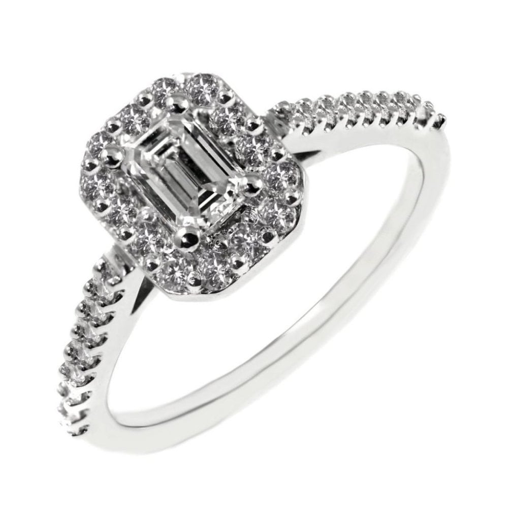 Platinum 0.36ct E VVS1 GIA emerald cut diamond halo ring