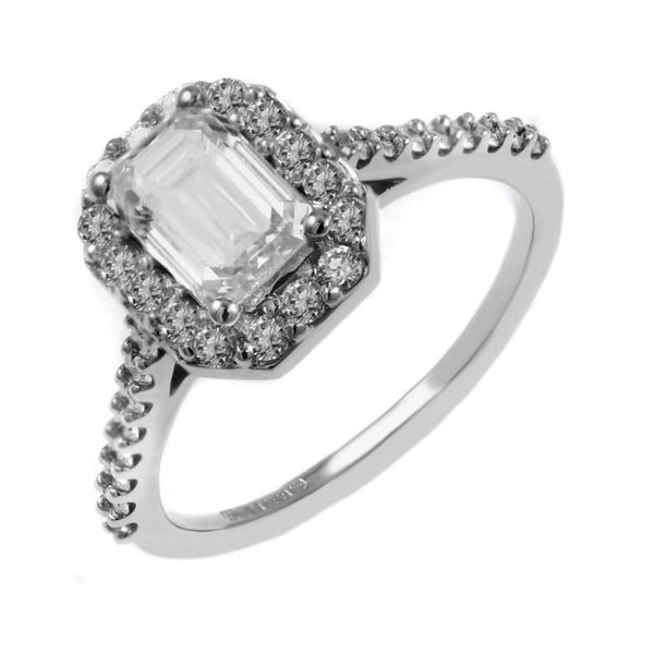 Platinum 0.50ct D VS1 GIA emerald cut diamond halo ring
