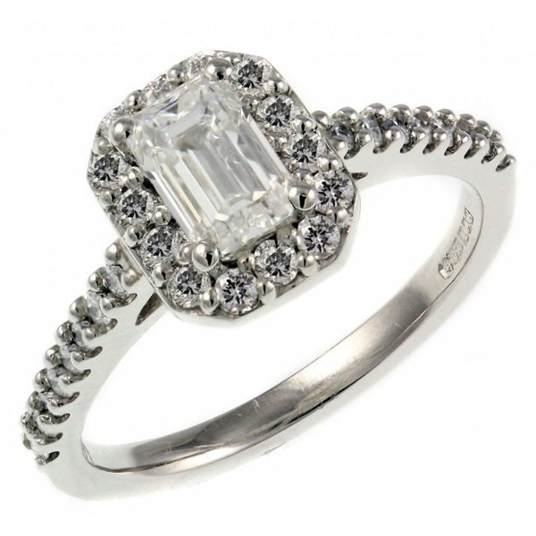 Platinum 0.80ct D VS2 GIA emerald cut diamond halo ring