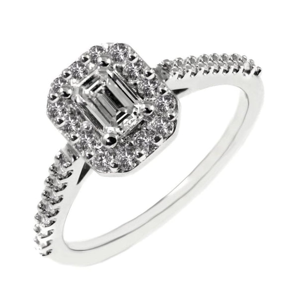 Platinum 0.40ct D VS1 GIA emerald cut diamond halo ring