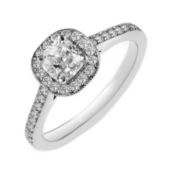 Platinum 0.50ct G VS2 GIA cushion cut diamond halo ring