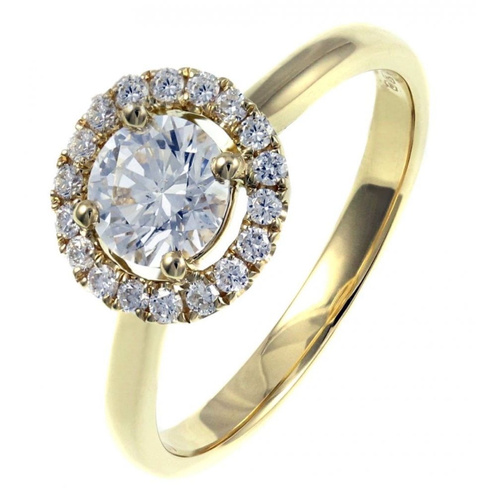 18ct yellow gold 1.00ct F SI1 EGL round diamond halo ring