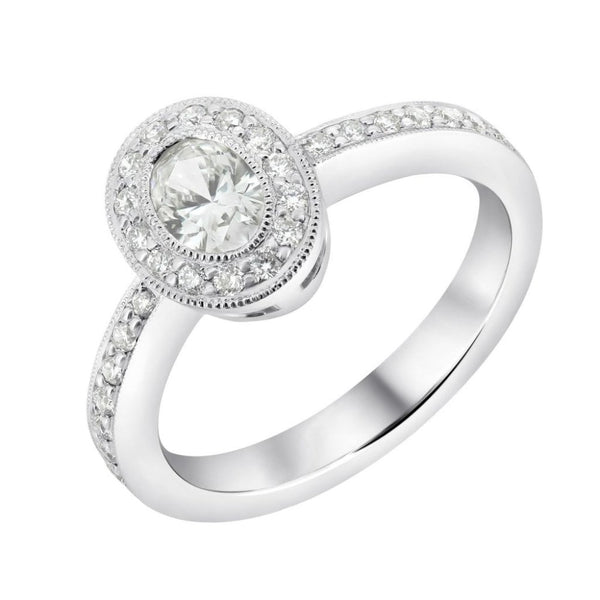 Platinum 0.34ct oval & 0.24ct round brilliant diamond halo ring