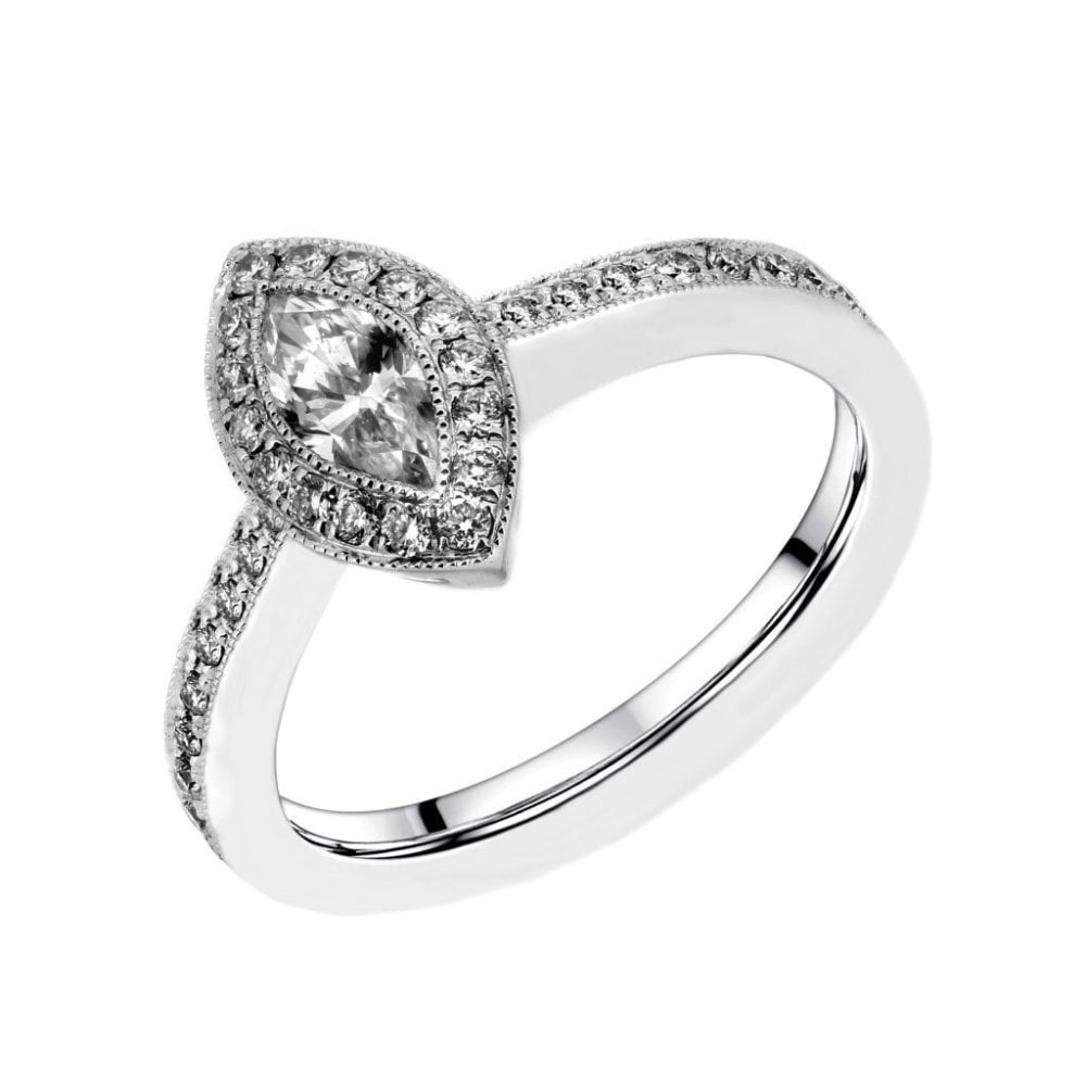 Platinum 0.50ct marquise & 0.26ct round diamond halo ring