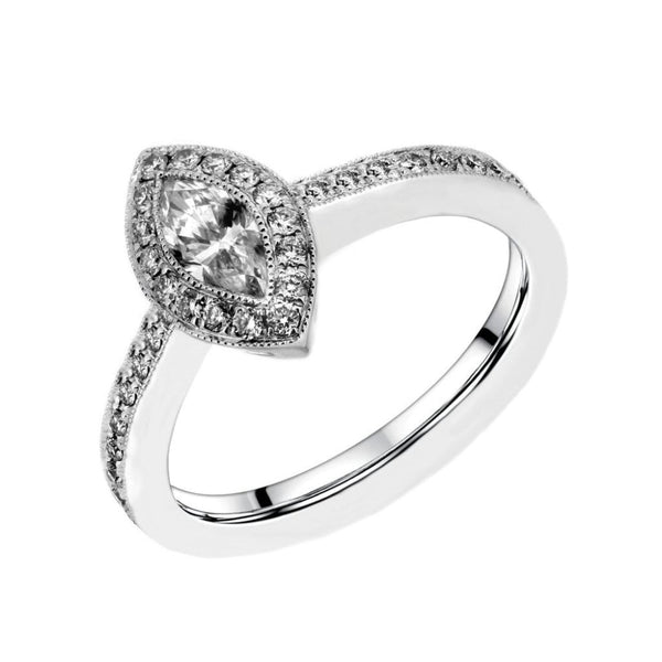 Platinum 0.50ct marquise & 0.26ct round diamond halo ring