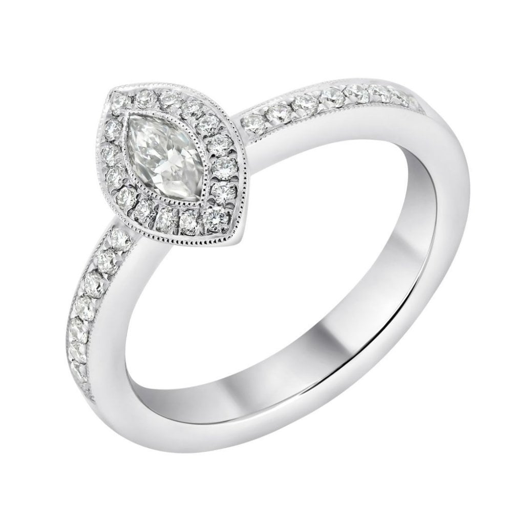 Platinum 0.30ct marquise & 0.26ct round diamond halo ring