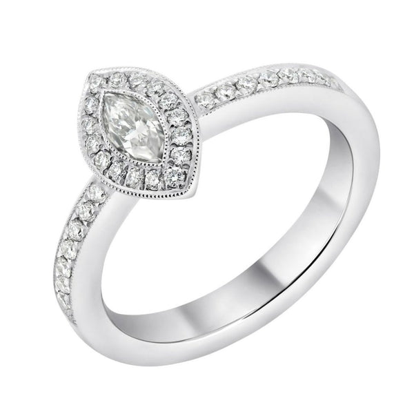 Platinum 0.30ct marquise & 0.26ct round diamond halo ring