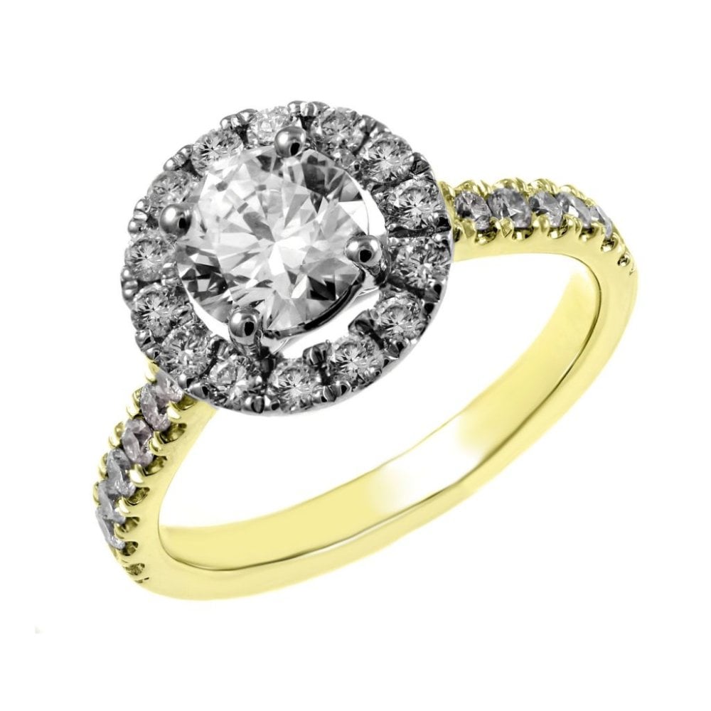 18ct yellow gold 0.80ct D VS2 GIA round diamond halo ring