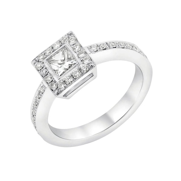 Platinum 0.52ct princess & 0.24ct round diamond halo ring