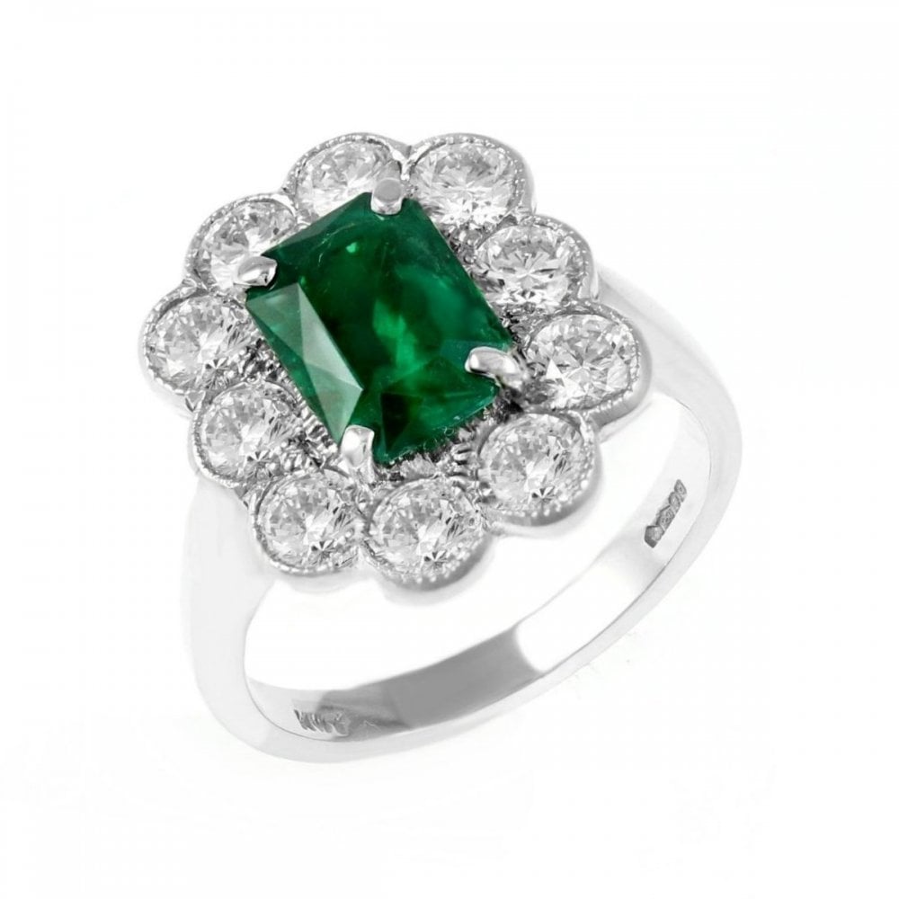 Platinum 1.64ct emerald & 1.60ct diamond cluster ring