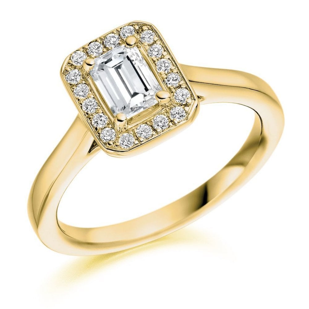 18ct yellow gold 0.49ct F VS2 IGI emerald cut diamond halo ring
