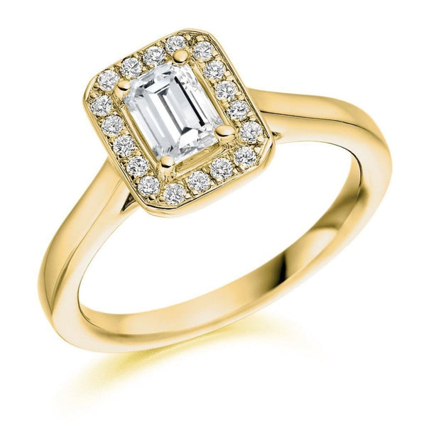 18ct yellow gold 0.49ct F VS2 IGI emerald cut diamond halo ring