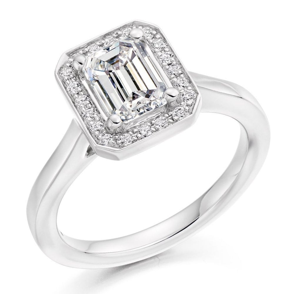 Platinum 1.02ct E VS1 GIA emerald cut diamond halo ring