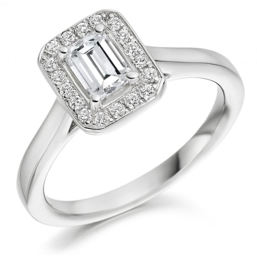 Platinum 0.51ct D VS2 GIA emerald cut diamond halo ring