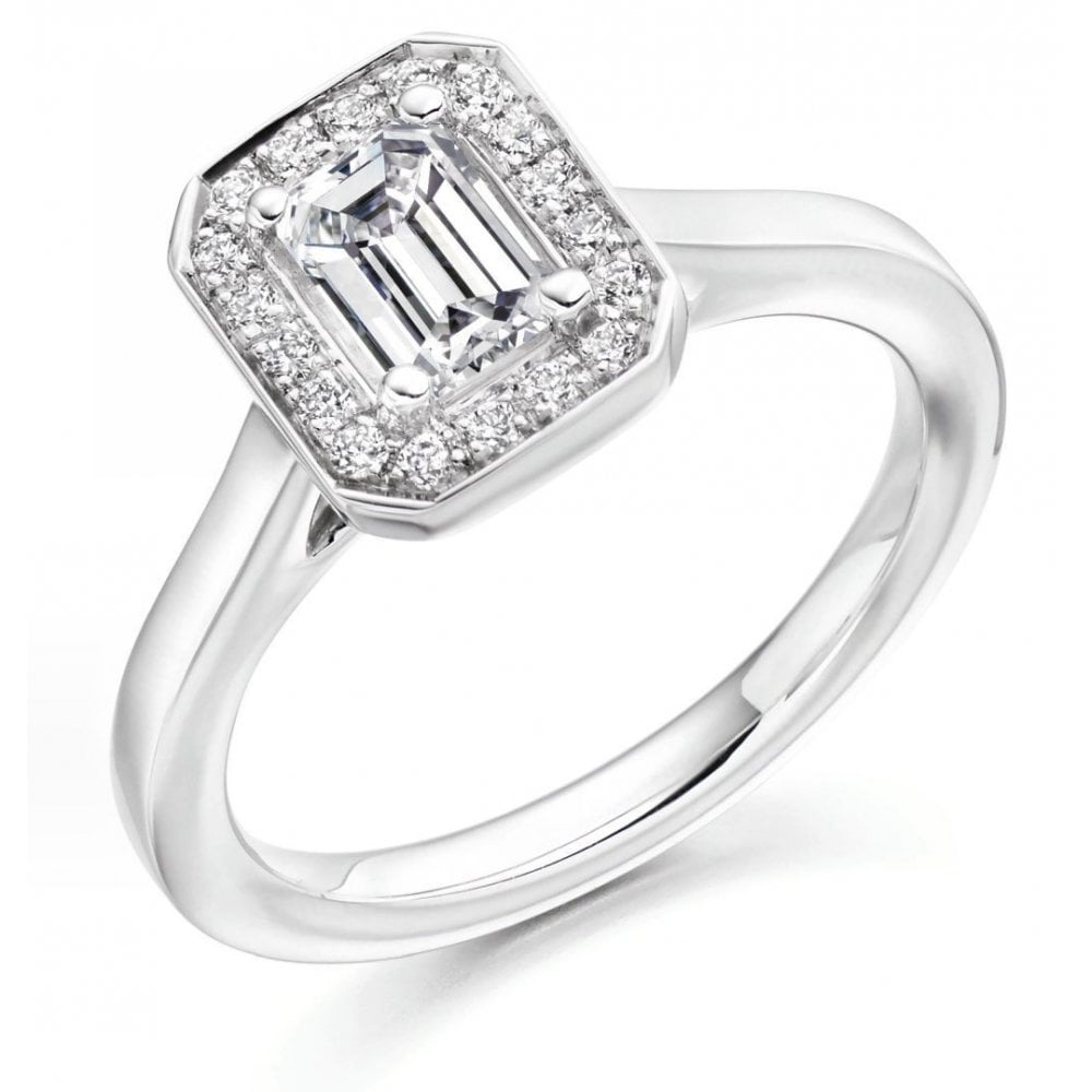 Platinum 0.70ct E VS2 GIA emerald cut diamond halo ring