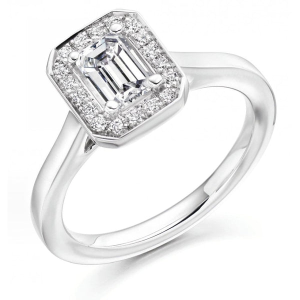Platinum 0.70ct E VS2 GIA emerald cut diamond halo ring