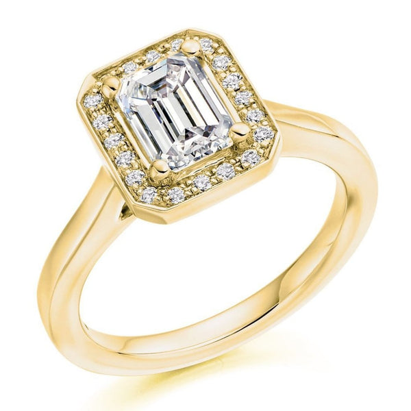 18ct yellow gold 1.02ct F IF GIA emerald cut diamond halo ring