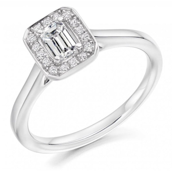 Platinum 0.30ct E VS2 GIA emerald cut diamond halo ring