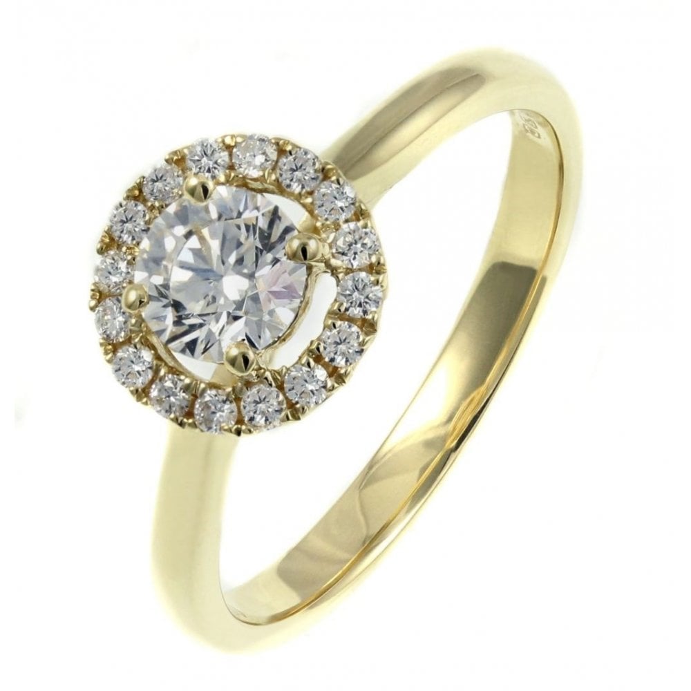 18ct yellow gold 0.73ct round brilliant cut diamond halo ring