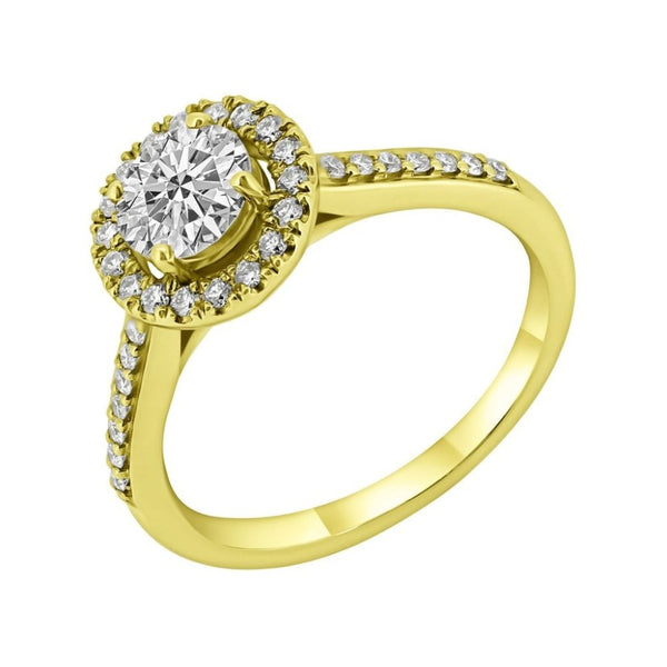 18ct yellow gold 0.72ct D SI1 EGL round diamond halo ring