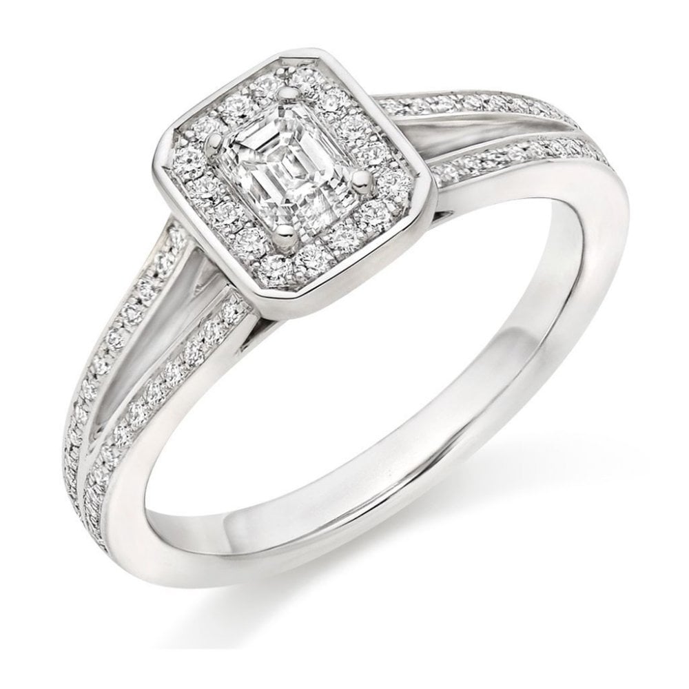 Platinum 0.30ct E VS2 GIA emerald cut diamond halo ring
