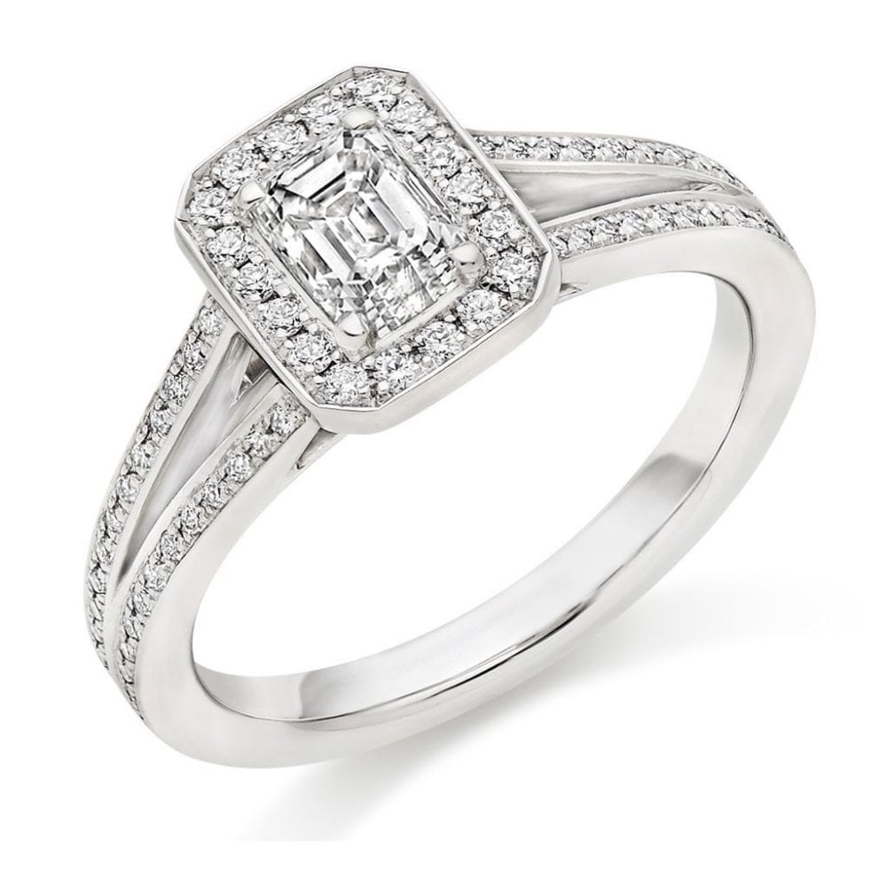 Platinum 0.50ct D VVS1 IGI emerald cut diamond halo ring