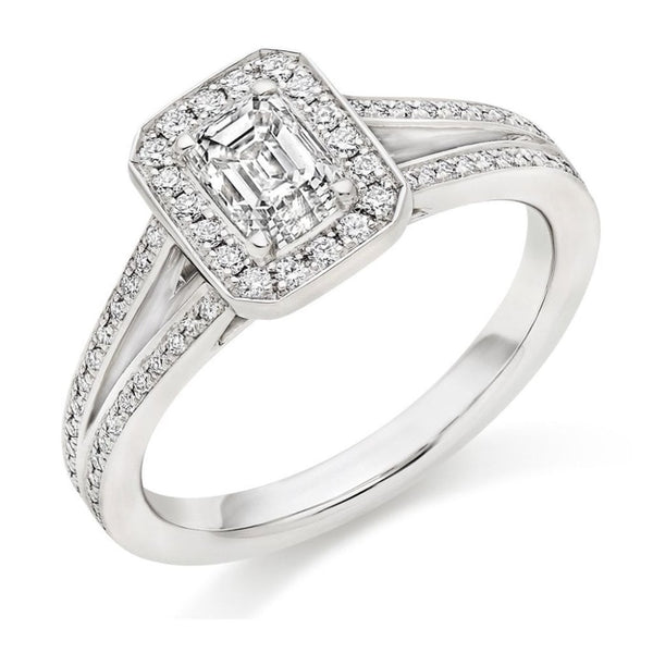 Platinum 0.50ct D VVS1 IGI emerald cut diamond halo ring