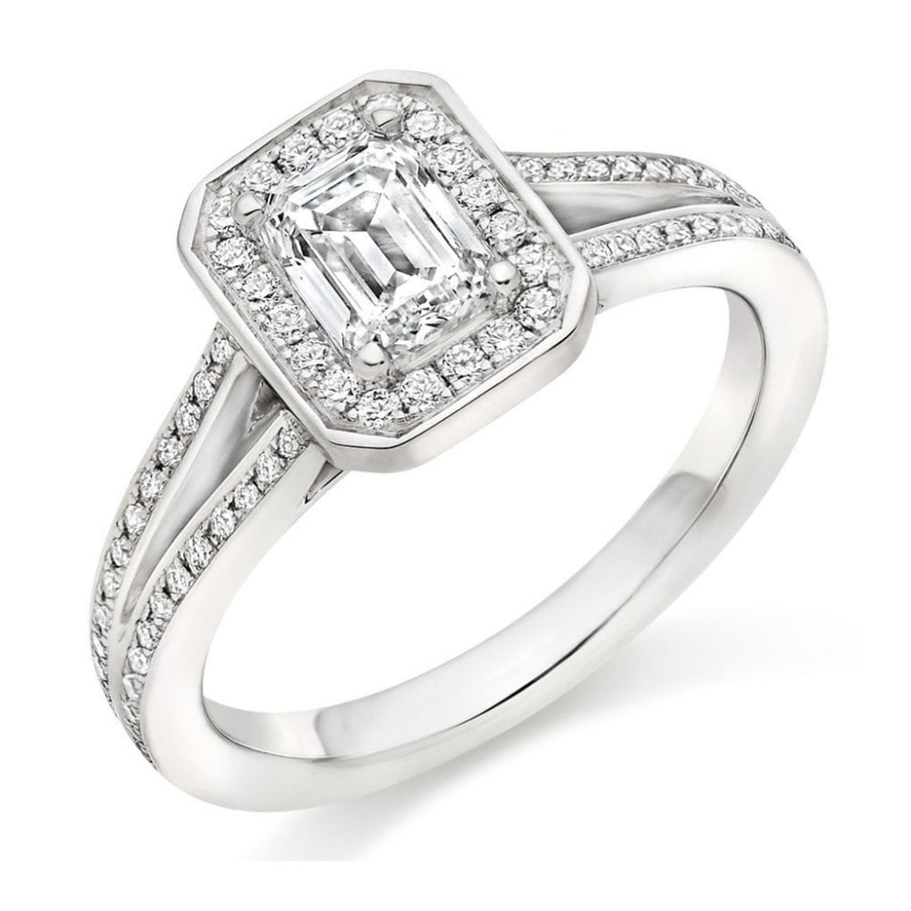 Platinum 0.70ct F VS1 GIA emerald cut diamond halo ring