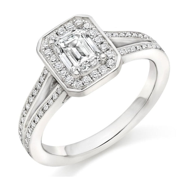 Platinum 0.70ct F VS1 GIA emerald cut diamond halo ring