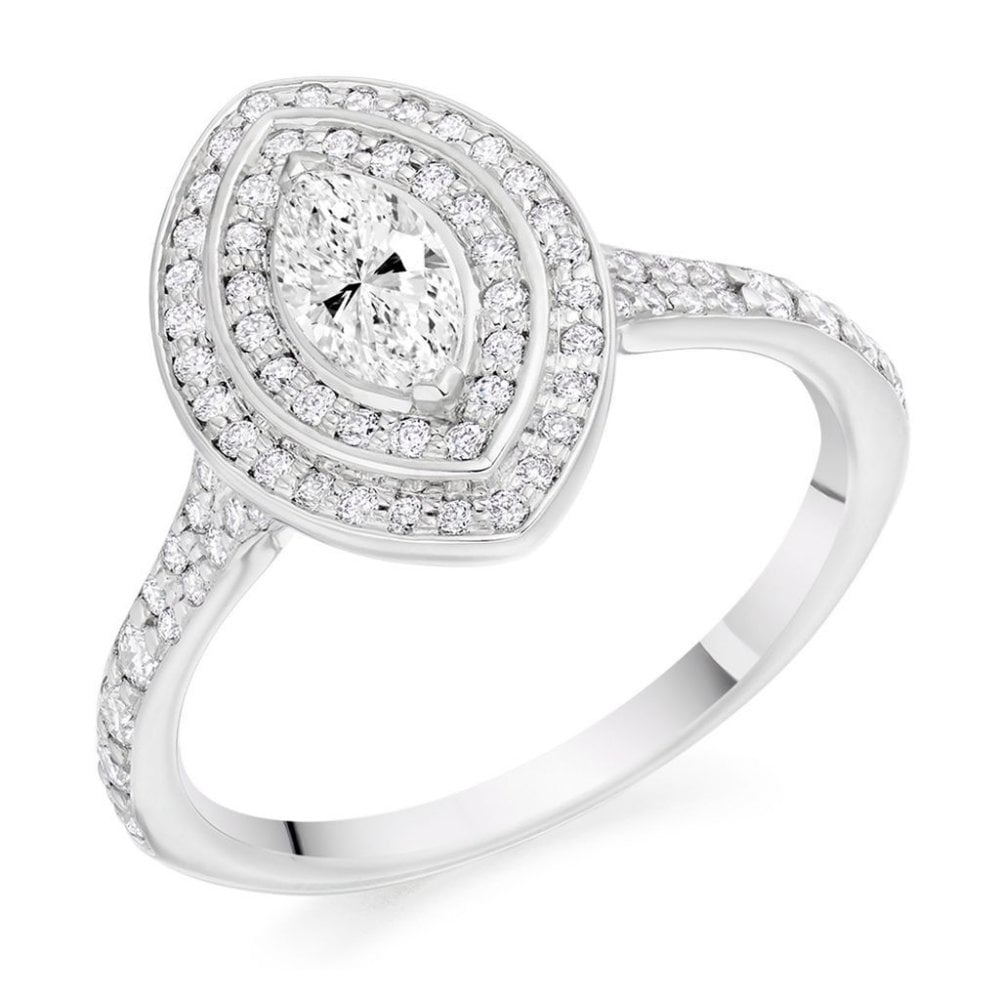 Platinum 0.33ct E SI1 IGI marquise diamond double halo ring
