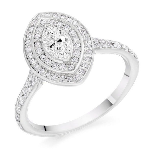 Platinum 0.33ct E SI1 IGI marquise diamond double halo ring