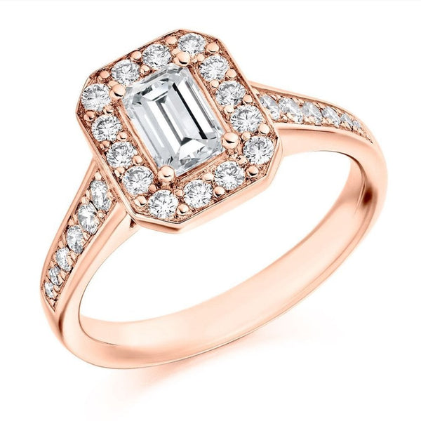 18ct rose gold 0.54ct F VS1 IGI emerald cut diamond halo ring