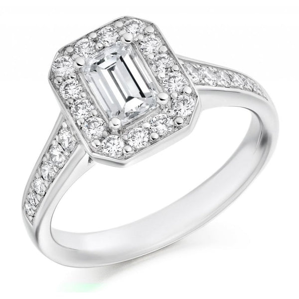 Platinum 0.50ct D VS1 GIA emerald cut diamond halo ring