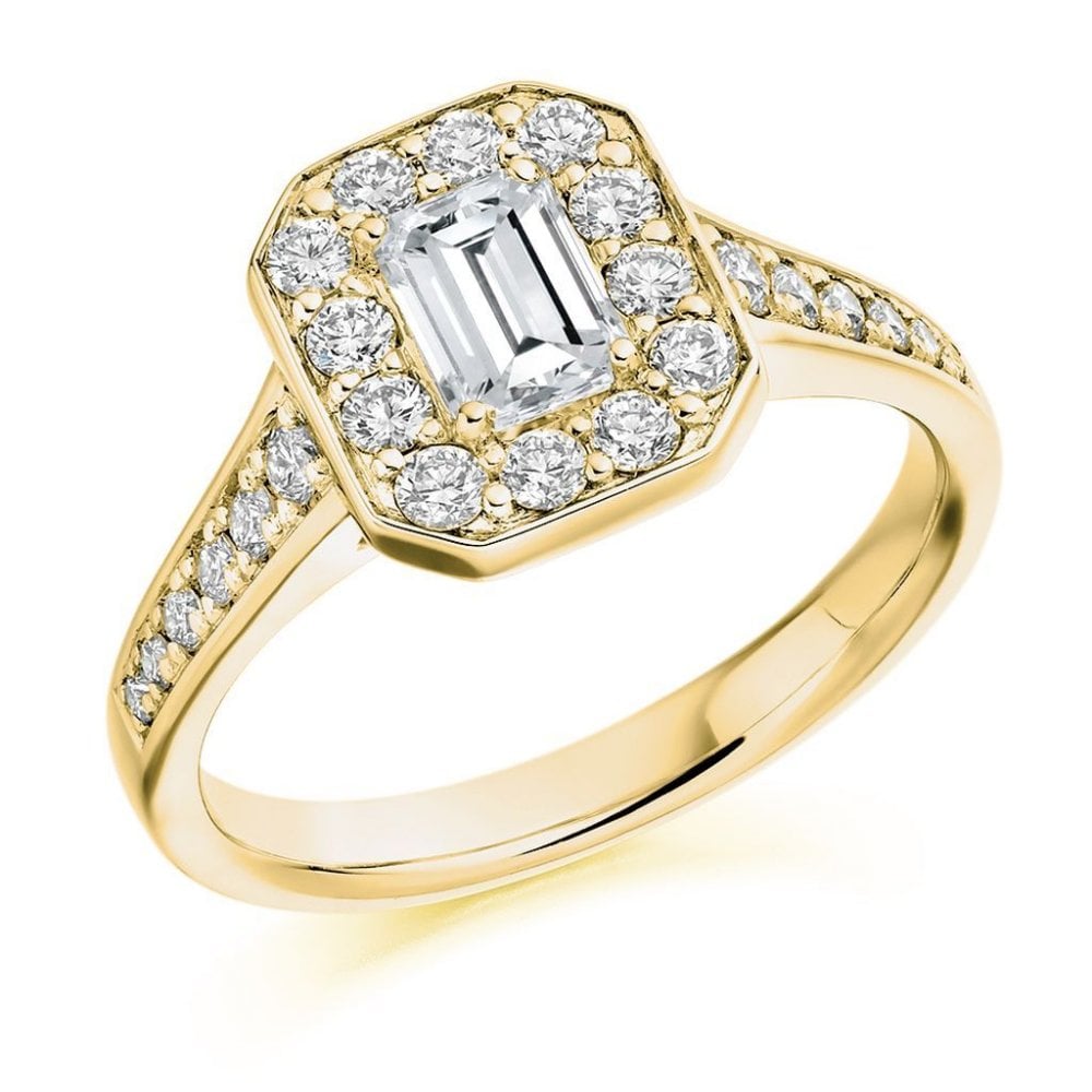 18ct yellow gold 0.72ct G IF IGI emerald cut diamond halo ring